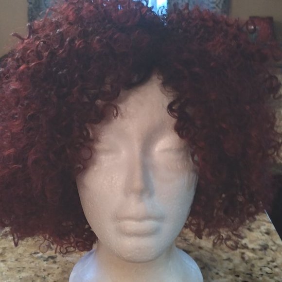 New Curly Burgundy Human Hair Blend Lace Front Wig main image 5
